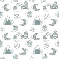 Cute simple pattern with nursery doodle elements. Seamless background with mountains and moon. vector