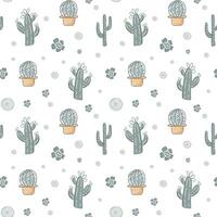 Seamless background with sketch cactus and succulents. Cute simple pattern with mexican doodle elements. vector