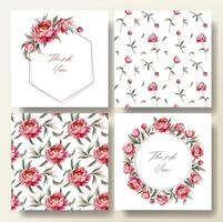 Set of greeting card and seamless pattern with watercolor peonies, wedding invitation. Peony frame. vector