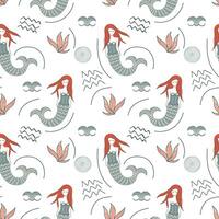 Cute simple pattern with sea doodle elements. Seamless background with sketch mermaid. vector