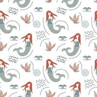 Cute simple pattern with sea doodle elements. Seamless background with sketch mermaid. vector