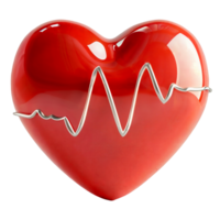 AI generated 3d red heart with silver heartbeat line going through it isolated on transparent background. Glossy heart shape with ECG graph line png