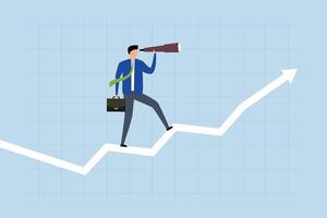 Business vision, manager with binoculars to see future on top of market graph with rising arrow. vector