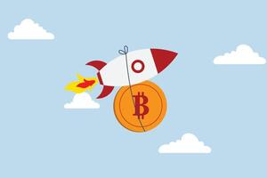 Bitcoin price skyrocket hit record high, fast rocket ship that bitcoin physical coin flies high through the clouds of space. vector