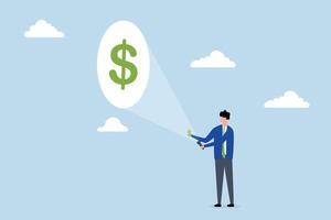 increase earning from investment, investor using a flashlight aiming at a small dollar with a large dollar bill sticking out in his hand vector