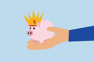 Best investment, businessman hand offers a shiny pink piggy bank with a golden royal crown. vector