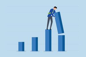 Increase investment profit, businessman standing on a bar chart placing huge profits at the top of this year bar chart. vector