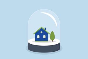 House insurance, a small house under strong protection of the glass shell. vector