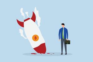 Bitcoin price collapse, sad bankrupt businessman falling into a rocket with bitcoin symbol. vector