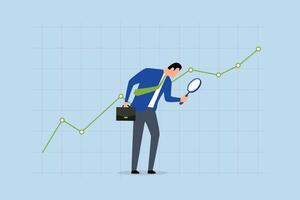 Stock market data analysis, business analyst examines details of rising market data using a magnifying glass. vector