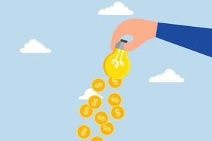 Idea to make money, dollar coins falling from businessman hand shaking light bulb or light bulb idea. vector