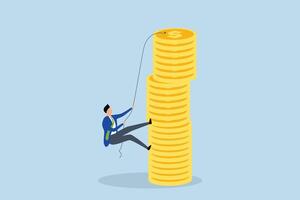 Financial goal, businessman is trying to reach the top of a stack of coins with a hard climbing rope. vector