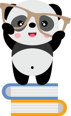 Panda student holding glasses on top of books