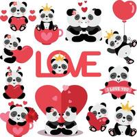 conjunto de san valentin día linda panda vector