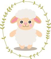 Cute sheep inside an oval leaves border vector