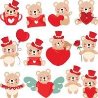 conjunto de san valentin día linda osito de peluche oso vector