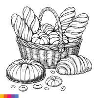 Bakery basket. Bakery food hand drawn line art illustration for the coloring book. Food line art for a coloring page. Vintage sketch vector graphics.