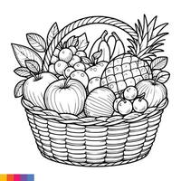 Fruit Basket line art illustration for the coloring book. Fruits coloring page. Vector graphics