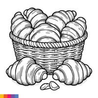 Bakery basket. Bakery food hand drawn line art illustration for the coloring book. Food line art for a coloring page. Vintage sketch vector graphics.