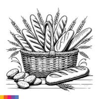 Bakery basket. Bakery food hand drawn line art illustration for the coloring book. Food line art for a coloring page. Vintage sketch vector graphics.