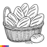 Bakery basket. Bakery food hand drawn line art illustration for the coloring book. Food line art for a coloring page. Vintage sketch vector graphics.