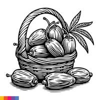 Fruit Basket line art illustration for the coloring book. Fruits coloring page. Vector graphics