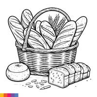 Bakery basket. Bakery food hand drawn line art illustration for the coloring book. Food line art for a coloring page. Vintage sketch vector graphics.