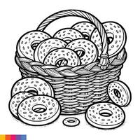 Bakery basket. Bakery food hand drawn line art illustration for the coloring book. Food line art for a coloring page. Vintage sketch vector graphics.