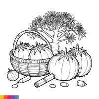 Fruit Basket line art illustration for the coloring book. Fruits coloring page. Vector graphics