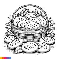 Bakery basket. Bakery food hand drawn line art illustration for the coloring book. Food line art for a coloring page. Vintage sketch vector graphics.