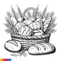 Bakery basket. Bakery food hand drawn line art illustration for the coloring book. Food line art for a coloring page. Vintage sketch vector graphics.