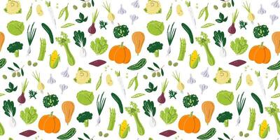 Veggies seamless pattern. Pumpkins and greens horizontal background design. Wrapping paper and packing print. Local farm ripe products isolated on white. Vegetables hand drawn flat vector illustration