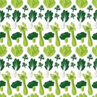 Green vegetables seamless pattern. Healthy smoothie ingredients isolated on white. Repeating background with celery, broccoli, cabbage, bok choy and dill. Veggies hand drawn flat vector illustration