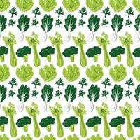 Green vegetables seamless pattern. Healthy smoothie ingredients isolated on white. Repeating background with celery, broccoli, cabbage, bok choy and dill. Veggies hand drawn flat vector illustration