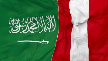 KSA, Kingdom of Saudi Arabia vs Peru Flags Together Seamless Looping Background, Looped Bump Texture Cloth Waving Slow Motion, 3D Rendering video