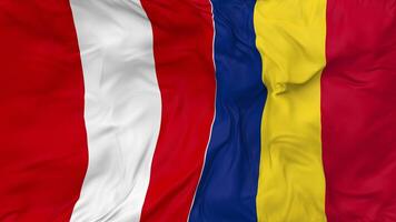 Rumania vs Perú banderas juntos sin costura bucle fondo, serpenteado bache textura paño ondulación lento movimiento, 3d representación video