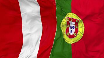 Portugal vs Perú banderas juntos sin costura bucle fondo, serpenteado bache textura paño ondulación lento movimiento, 3d representación video