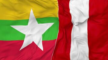 Myanmar, Burma vs Peru Flags Together Seamless Looping Background, Looped Bump Texture Cloth Waving Slow Motion, 3D Rendering video