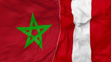 Marokko vs Peru vlaggen samen naadloos looping achtergrond, lusvormige buil structuur kleding golvend langzaam beweging, 3d renderen video