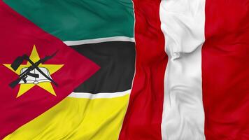 Mozambique vs Peru Flags Together Seamless Looping Background, Looped Bump Texture Cloth Waving Slow Motion, 3D Rendering video