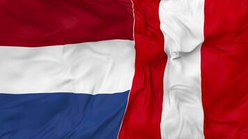 Netherlands vs Peru Flags Together Seamless Looping Background, Looped Bump Texture Cloth Waving Slow Motion, 3D Rendering video