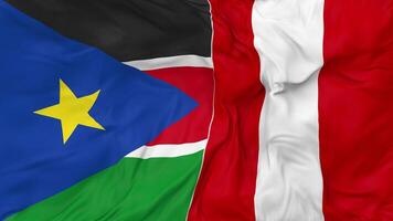 sul Sudão vs Peru bandeiras juntos desatado looping fundo, em loop colisão textura pano acenando lento movimento, 3d Renderização video