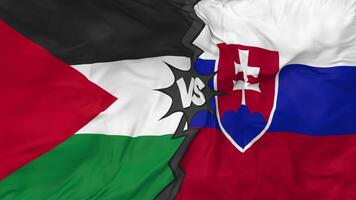 Palestina vs Eslováquia bandeiras juntos desatado looping fundo, em loop colisão textura pano acenando lento movimento, 3d Renderização video