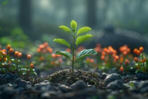 AI generated small plant growing on soil photo