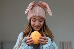 ai generado pequeño niña vistiendo Pascua de Resurrección conejito orejas participación un huevo foto