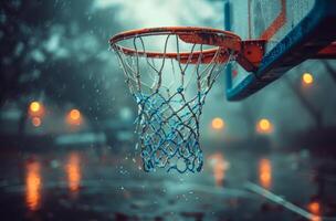 ai generado 3 re prestar. baloncesto pelota en oscuro de madera antecedentes foto