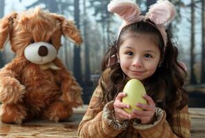 AI generated little girl wearing easter bunny ears holding a egg photo