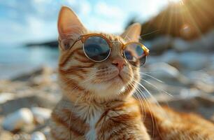 ai generado linda gato en Gafas de sol foto