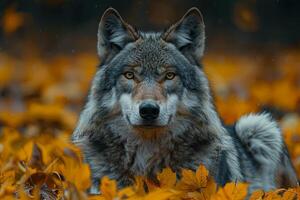 AI generated portrait of siberian wolf in autumn forest. photo