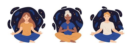 Meditating people. Cartoon male and female characters sitting in yoga lotus pose, becalmed humans meditating. Stress relief and meditation flat vector illustration set